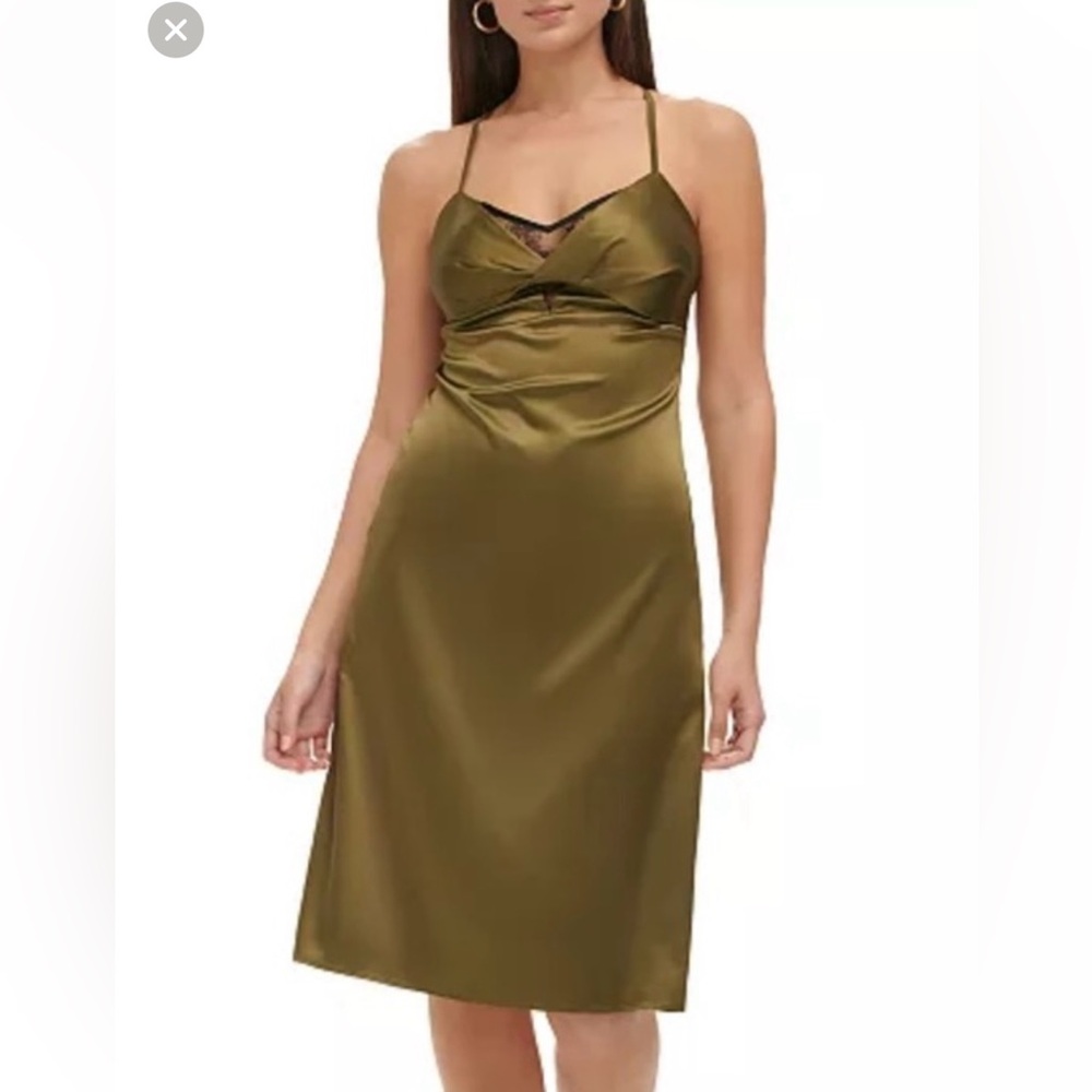 Guess Women’s Olive Satin Slip Dress Cross Back Straps Lace Trim Detail Cocktail